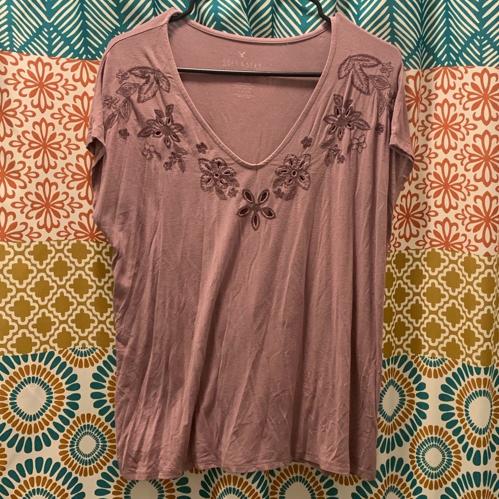 AEO Soft and Sexy Purple Top with Laser Cut Floral Neckline